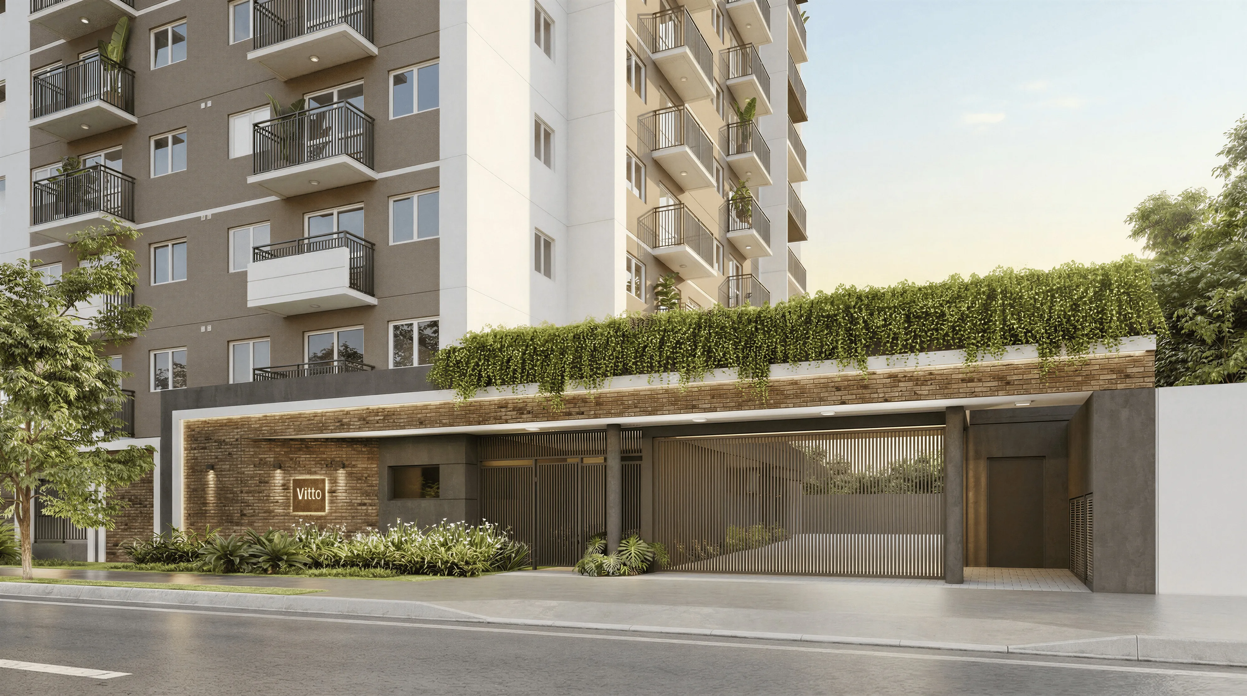 Fachada e entrada de edifício residencial com jardim vertical, imagem 3D da allu