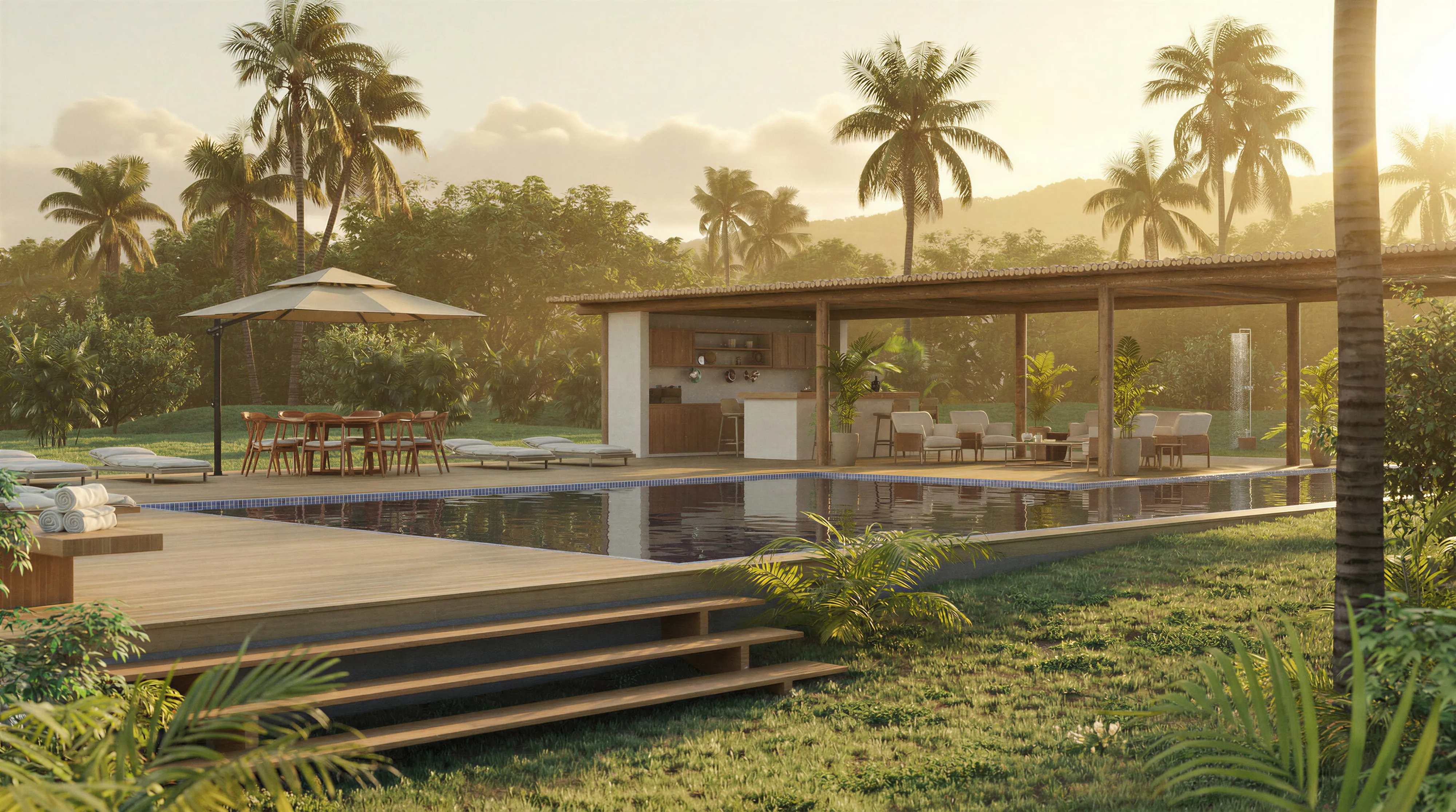 Área de lazer com piscina, deck de madeira e coqueiros ao pôr do sol, imagem 3D da allu