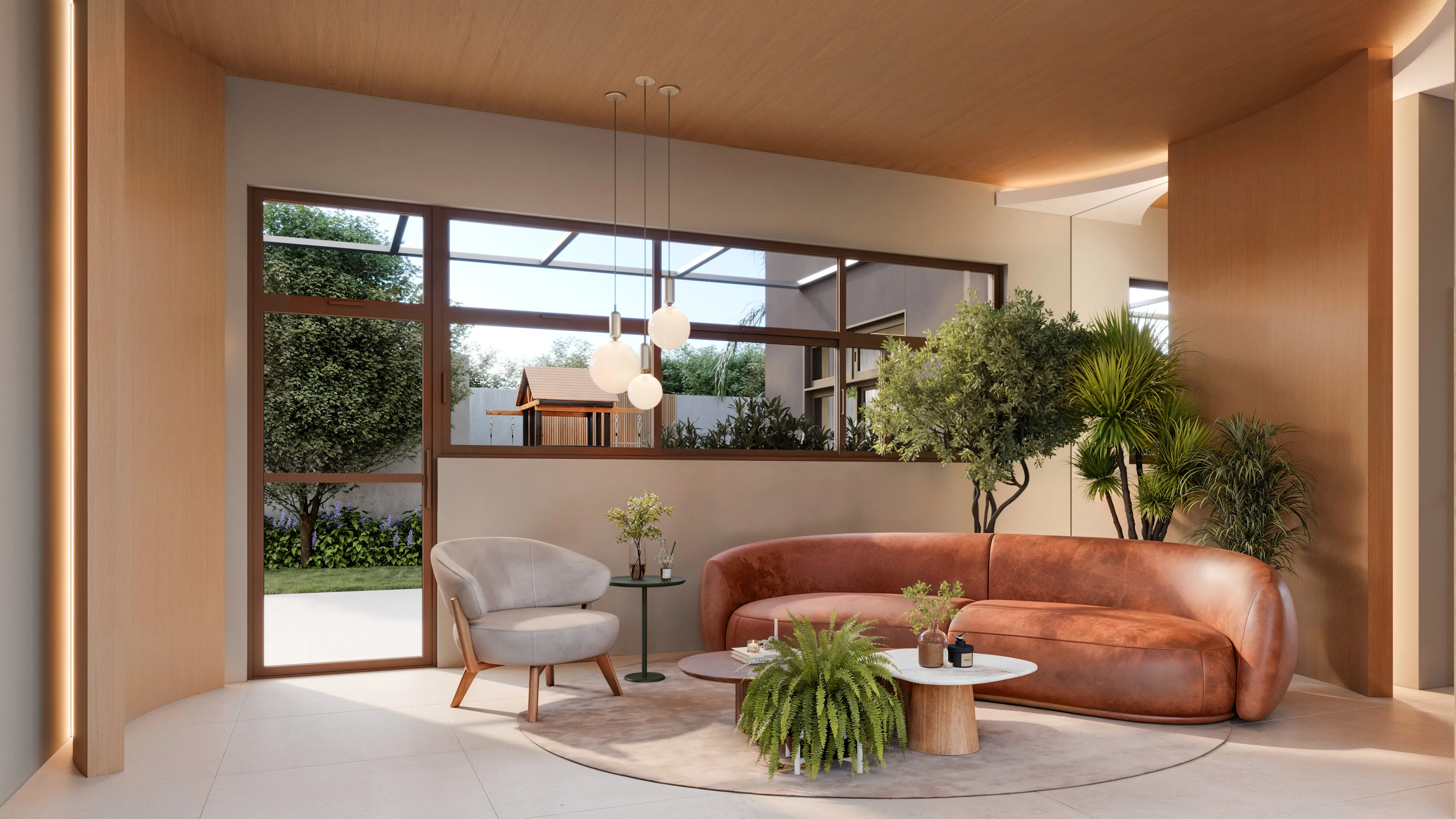 Sala de estar em madeira com luz natural, render da allu
