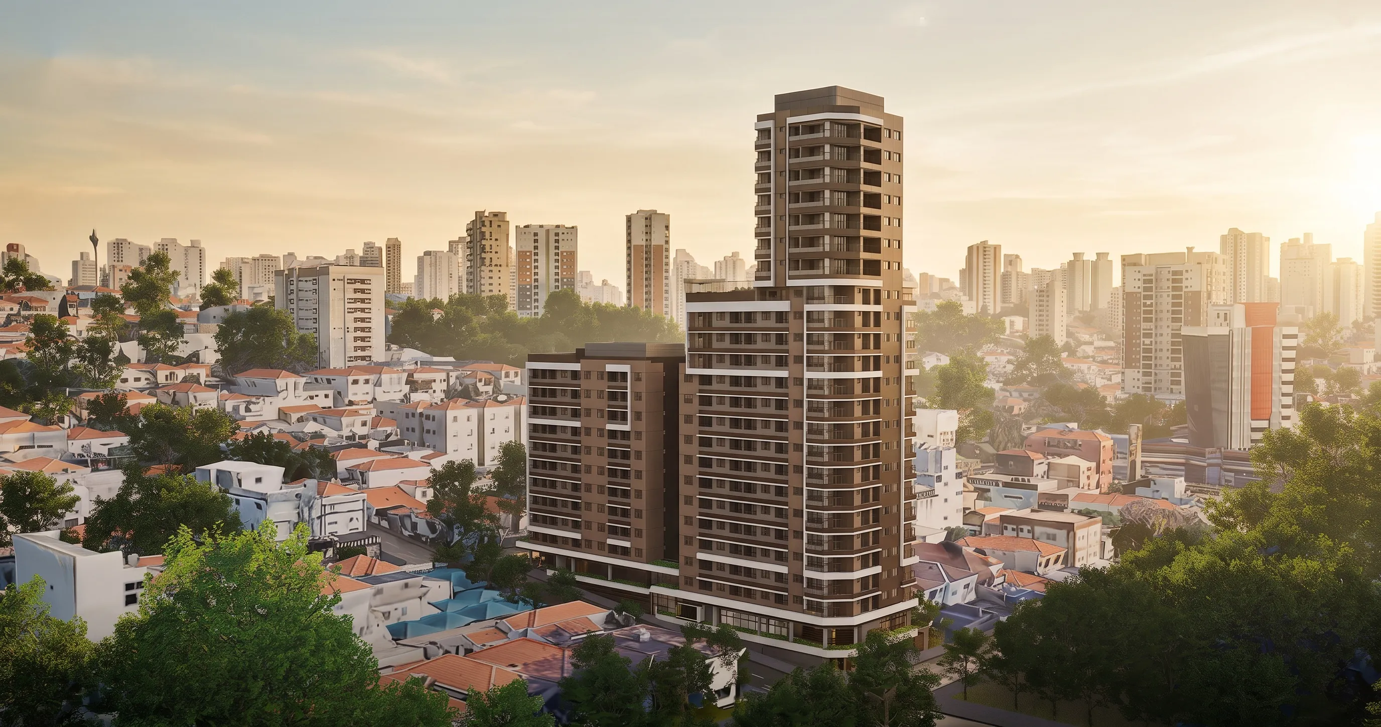 Torre residencial ao entardecer em meio a um bairro de São Paulo, imagem 3D da allu